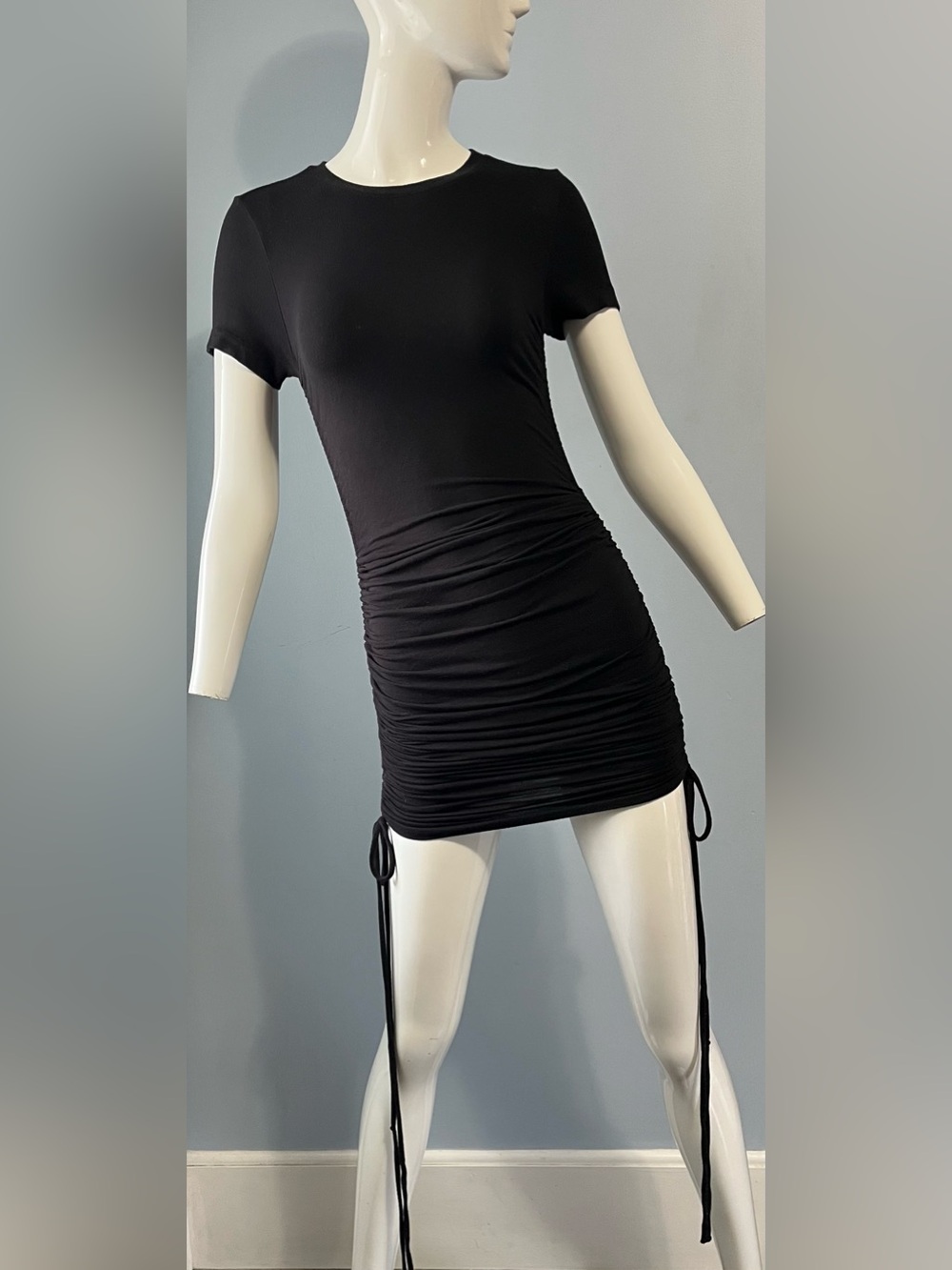 Dynamite Black Ruched Ties Short Sleeve Bodycon Stretch Mini Dress LBD Size XXS